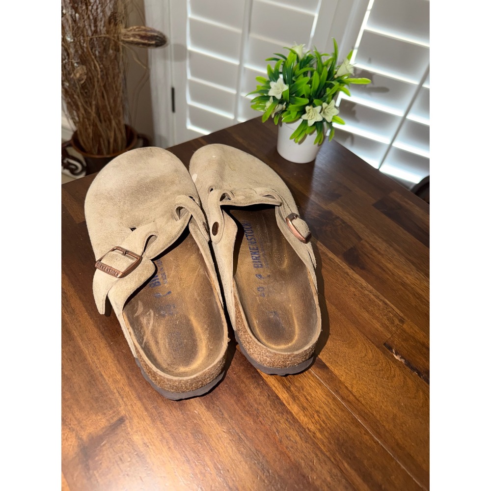 Birkenstock Boston Suede Clogs Taupe Tan Buckle Slip On Shoes Mens 7 Womens 9 40 - Picture 6 of 10